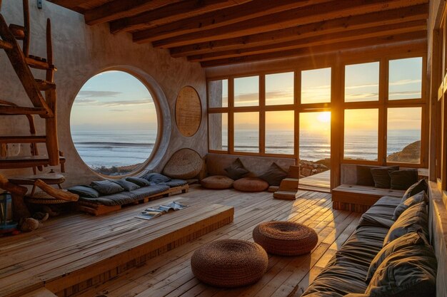 Chambre d'hôtel ecolodge ouverte avec vue sur l'océan au lever du soleil