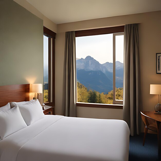 une chambre d'hôtel avec un lit et une fenêtre avec vue sur les montagnes