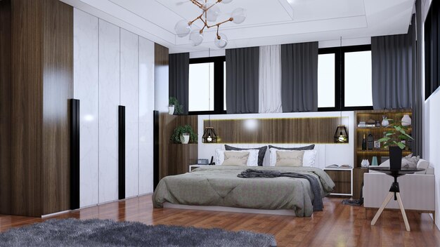 Chambre d'hôtel avec lit king size et mobilier élégant, chambre intérieure design 3d