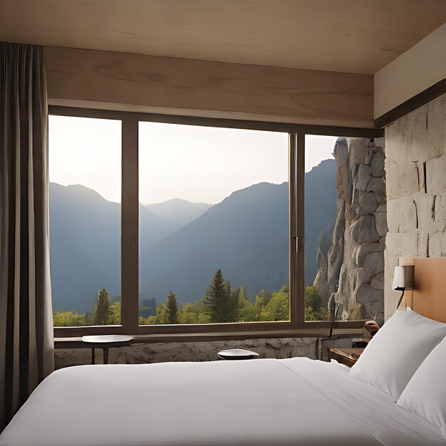 une chambre d'hôtel avec un lit et une vue sur la montagne