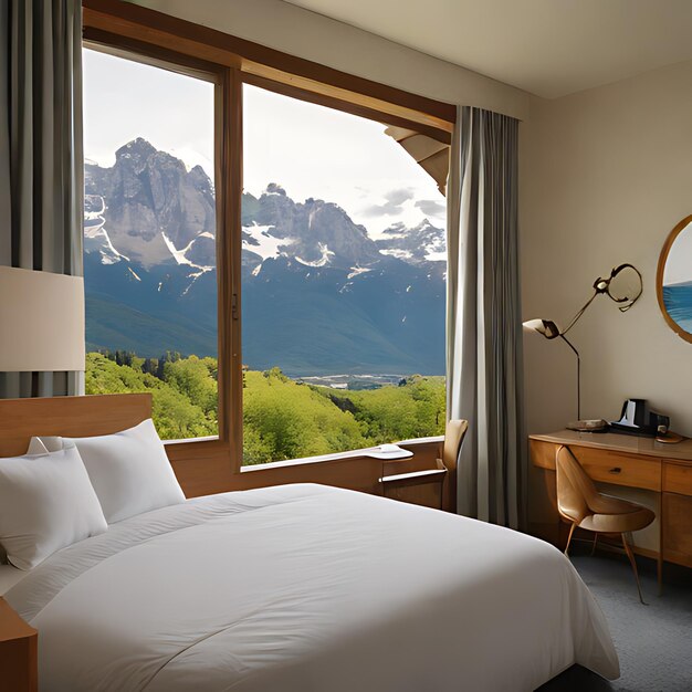 Photo une chambre d'hôtel avec un lit et une vue sur la montagne