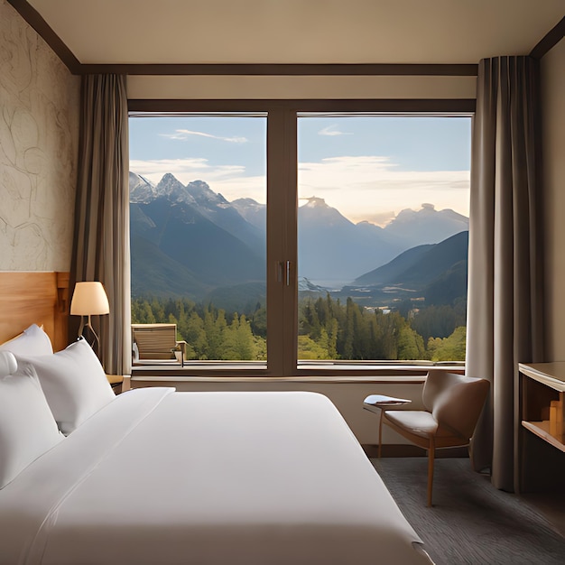 une chambre d'hôtel avec un lit et une vue sur les montagnes