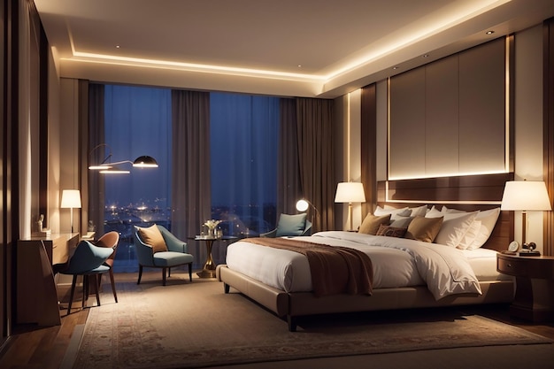 Chambre d'hôtel de luxe éclairée par des lampes modernes