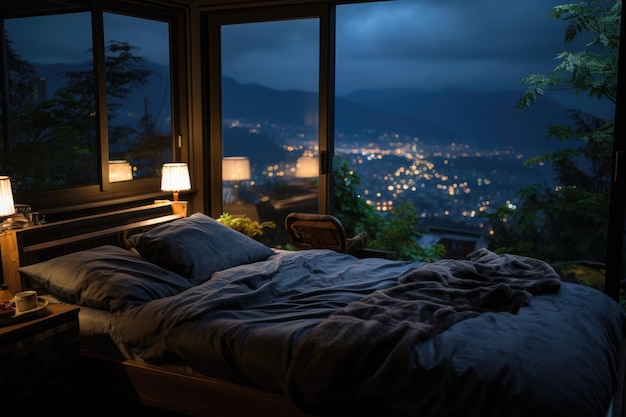 Chambre d'hôtel de luxe avec fond de montagne Fuji AI générative