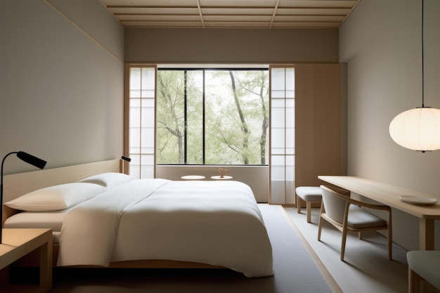 Chambre d'hôtel avec mobilier minimaliste aux tons neutres et fenêtre ouverte avec forêt à l'extérieur