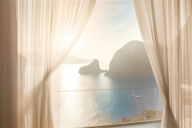 Photo chambre d'hôtel moderne de style minimal avec une grande fenêtre panoramique avec une vue imprenable sur la mer et les montagnes