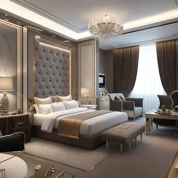 Chambre d'hôtel présidentielle de luxe moderne avec une chambre blanche colorée générée par Ai