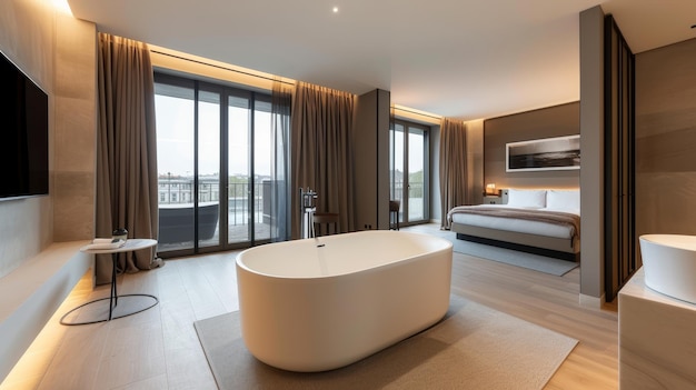 Chambre d'hôtel spacieuse et élégante avec une baignoire indépendante avec vue panoramique sur la ville à travers les fenêtres du sol et du plafond
