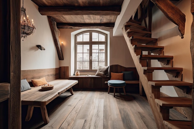 Chambre d'hôtel vintage confortable dans le vieux château meublée rétro chambre à coucher vide avec de grandes fenêtres en arche et des murs en pierre illustration générative AI