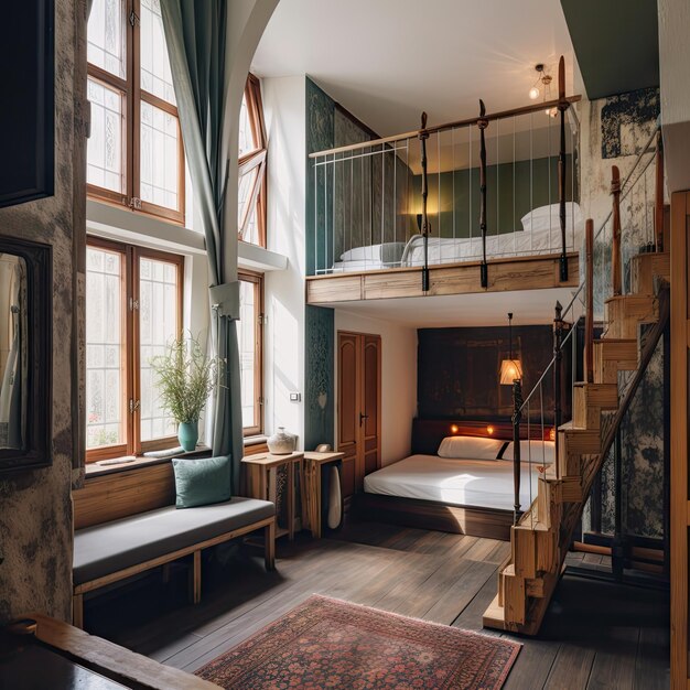 Photo chambre d'hôtel vintage confortable dans le vieux château meublée rétro chambre à coucher vide avec de grandes fenêtres en arche et des murs en pierre illustration générative ai