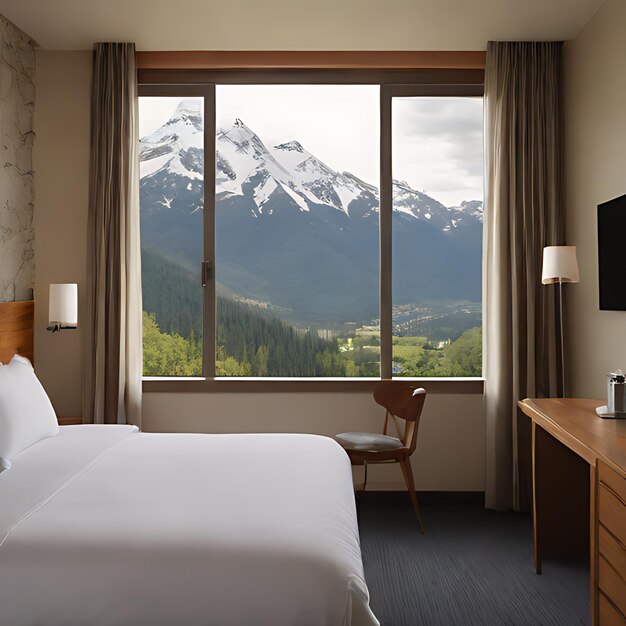 une chambre d'hôtel avec vue sur une montagne et une vue sur la montagne