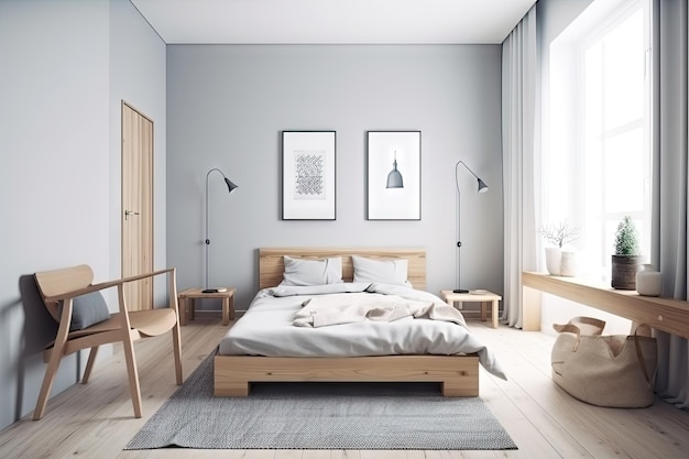 Chambre d'hôtes scandinave avec lit douillet et mobilier minimaliste