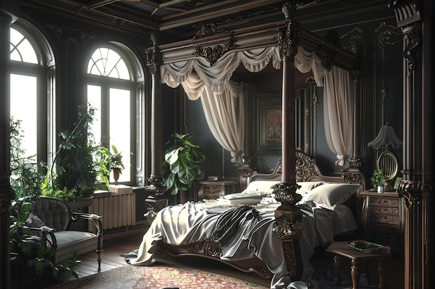 Chambre d'inspiration victorienne avec lit à canopée octane r