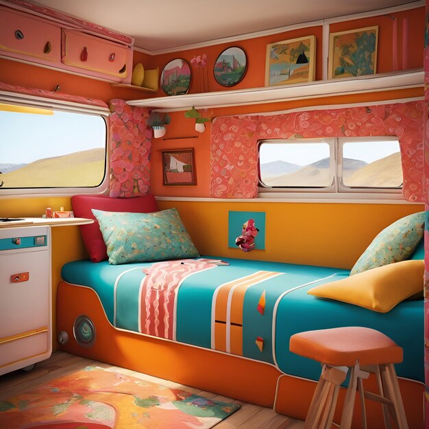 Une chambre inspirée d'une caravane rétro avec des lits pliants, des rembourrages vibrants et un dACcor kitsch