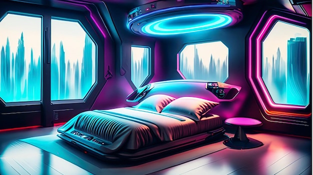 Une chambre d'intérieur holographique intelligente moderne hightech scifi cyberpunk futuriste décoration d'intérieur 3D