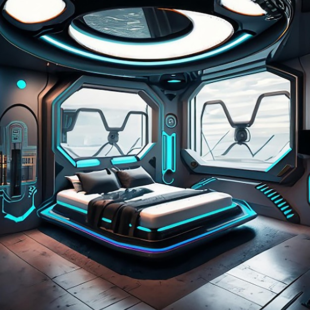 Une chambre d'intérieur holographique intelligente moderne hightech scifi cyberpunk futuriste décoration d'intérieur 3D