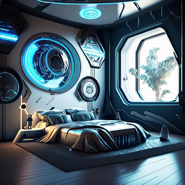 Une chambre d'intérieur holographique intelligente moderne hightech scifi cyberpunk futuriste décoration d'intérieur 3D