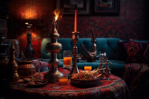 Chambre d'intérieur traditionnelle marocaine de style arabe avec meubles et tapis