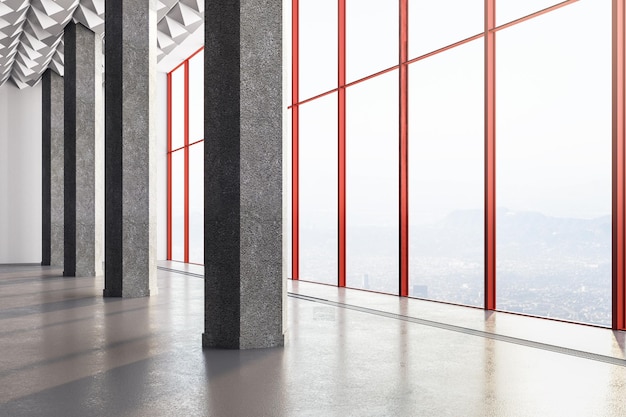 Chambre intérieure en béton moderne avec colonnes et vue sur la ville