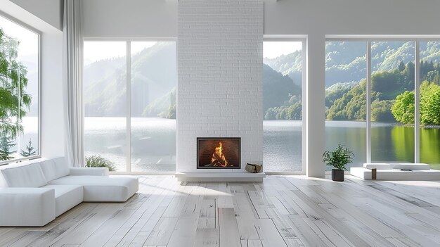 Chambre intérieure blanche en 3D avec cheminée et vue sur le lac