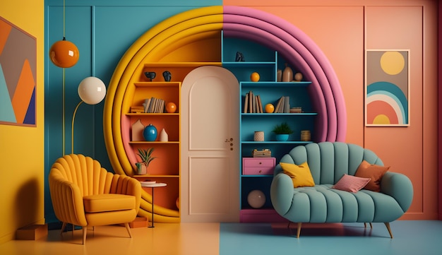 Chambre intérieure esthétique colorfulretro futuriste studio coloré générative ai
