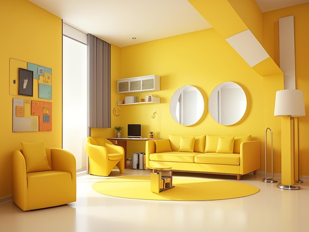 Chambre Intérieure Moderne 3d Avec Couleur Jaune