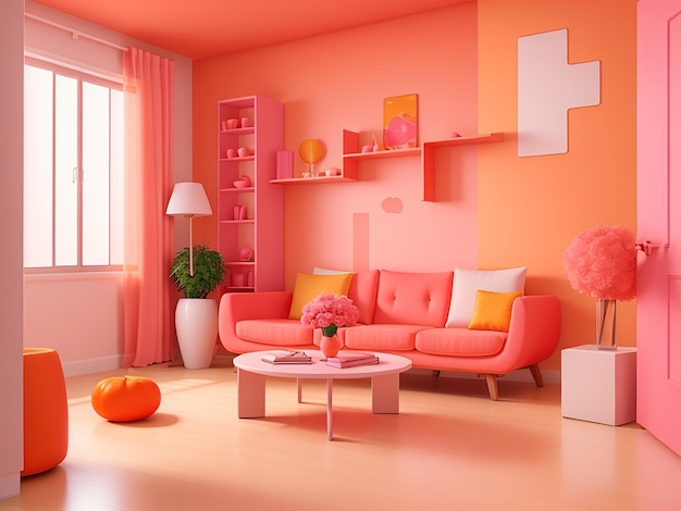 Chambre Intérieure Moderne 3d Avec Couleur Orange Et Rose
