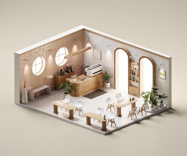 Chambre isométrique café minimal ouvert à l'intérieur de l'architecture intérieure rendu 3D sans IA généré