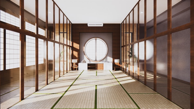 Chambre japonaise de style intérieur tropical, grande salle vide intérieure. Rendu 3D