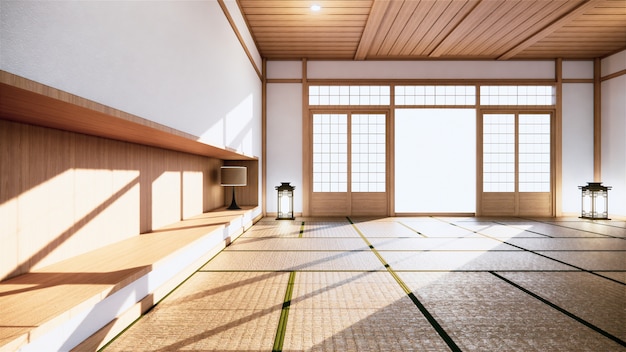 Chambre japonaise de style intérieur tropical, grande salle vide intérieure. Rendu 3D