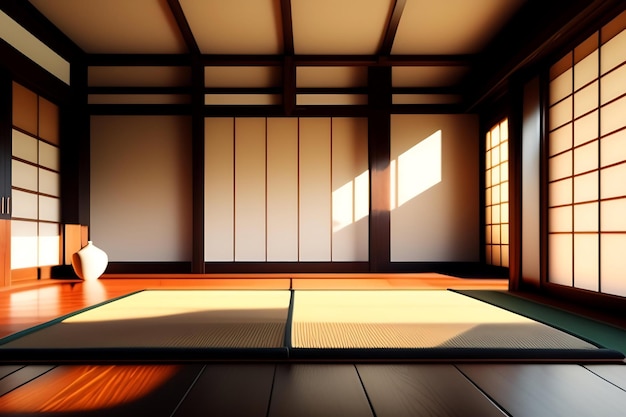 Chambre japonaise traditionnelle vide avec tapis tatami au sol, fenêtre shoji en bois à la lumière du soleil pour l'Asie de l'Est