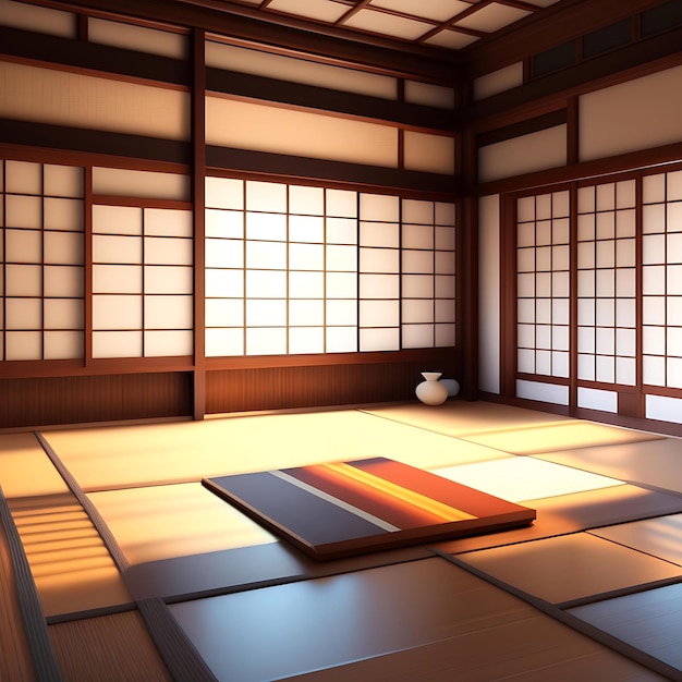 Chambre japonaise traditionnelle vide avec tapis tatami au sol, fenêtre shoji en bois à la lumière du soleil pour l'Asie de l'Est