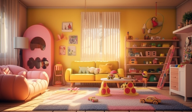 Une chambre jaune avec un canapé rose et un tapis jaune qui dit "pixar" dessus