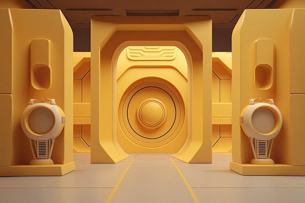 Une chambre jaune avec un grand tunnel qui dit "le mot dessus"