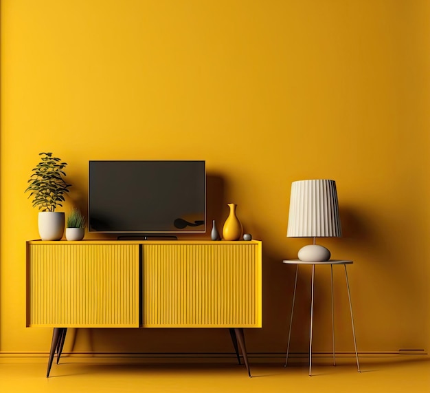 Chambre jaune avec meuble en bois pour mur de maquette intérieur tv