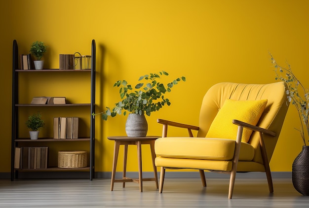 Chambre jaune avec des meubles en bois et une chaise dans le coin