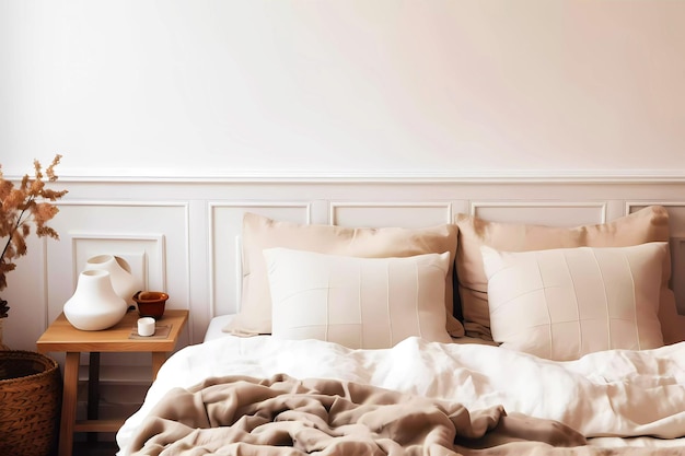 Chambre avec linge de lit intérieur beige Generative ai design