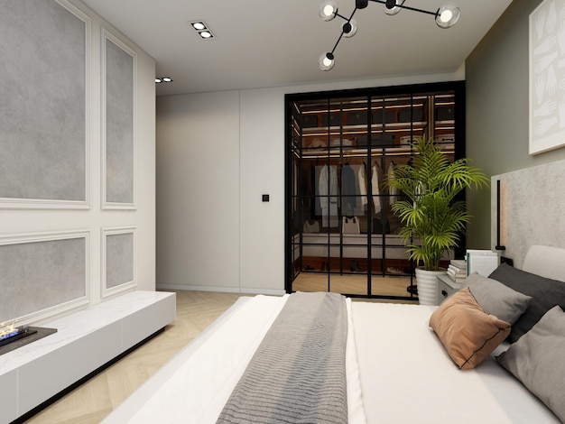 Une chambre avec un lit et une armoire