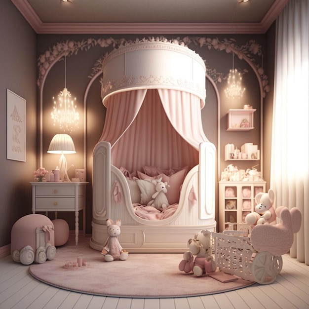 Une chambre avec un lit à baldaquin rose et un lit blanc avec un ours en peluche dessus.
