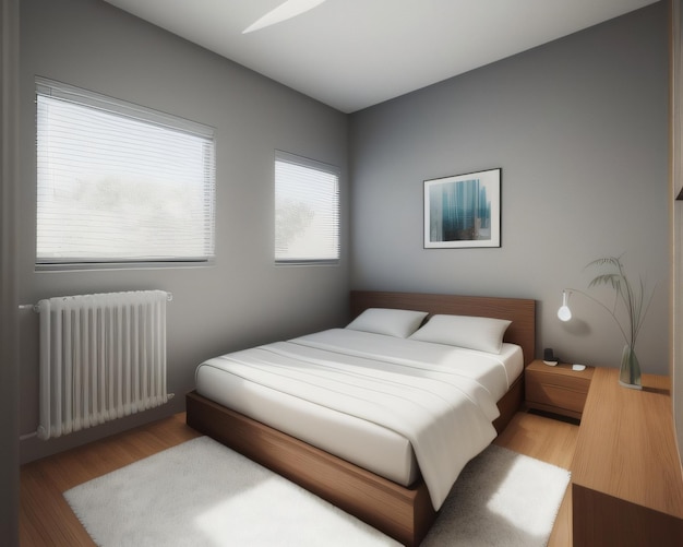 Une chambre avec un lit blanc et un radiateur blanc.
