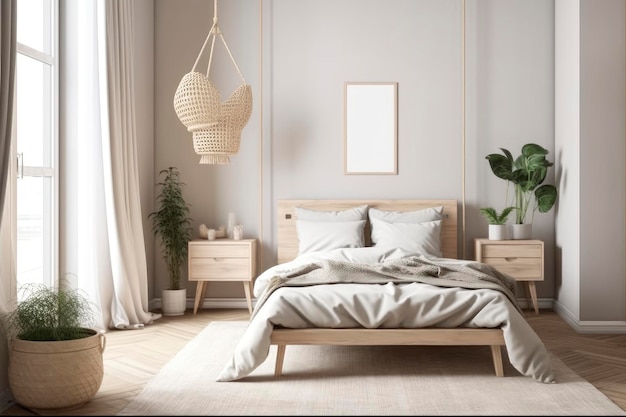 Une chambre avec un lit en bois et une lampe accrochée au mur