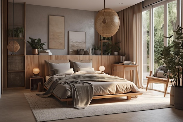 Une chambre avec un lit en bois et une table en bois avec une lampe dessus.