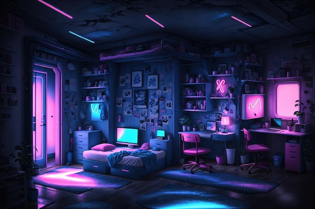 Une chambre avec un lit et un bureau avec une pancarte "cyberpunk"