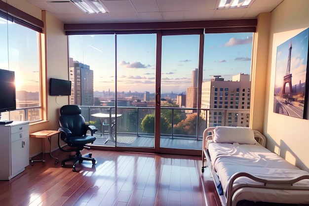 Une chambre avec un lit et un bureau