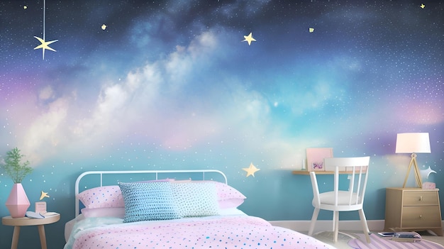 Une chambre avec un lit et un ciel avec des étoiles et des nuages