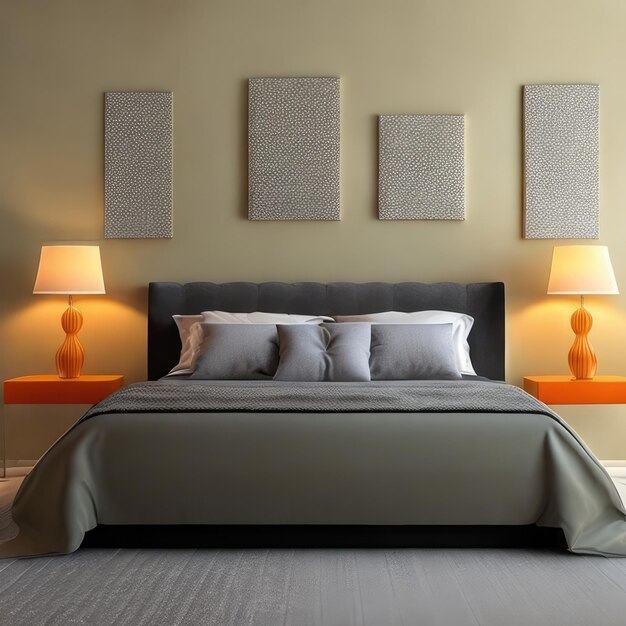 Une chambre avec un lit et deux lampes orange au mur.