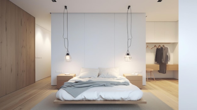 Une chambre avec un lit et deux lumières suspendues.