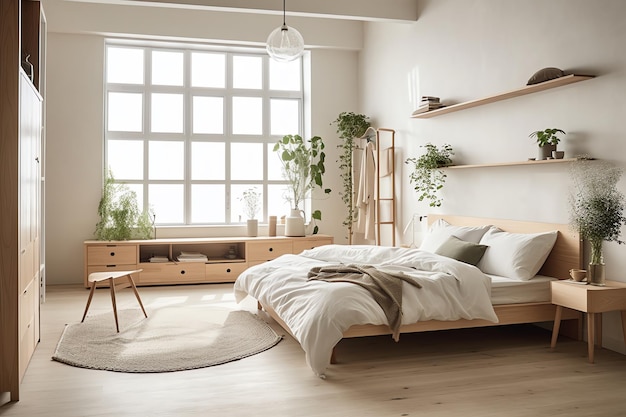 Une chambre avec un lit et une étagère avec des plantes dessus.