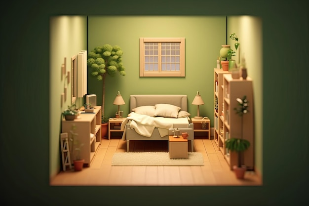 Une chambre avec un lit, des étagères et une plante sur le mur.