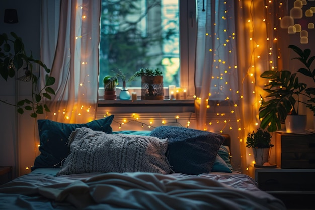 Une chambre avec un lit et une fenêtre couverte de lumières